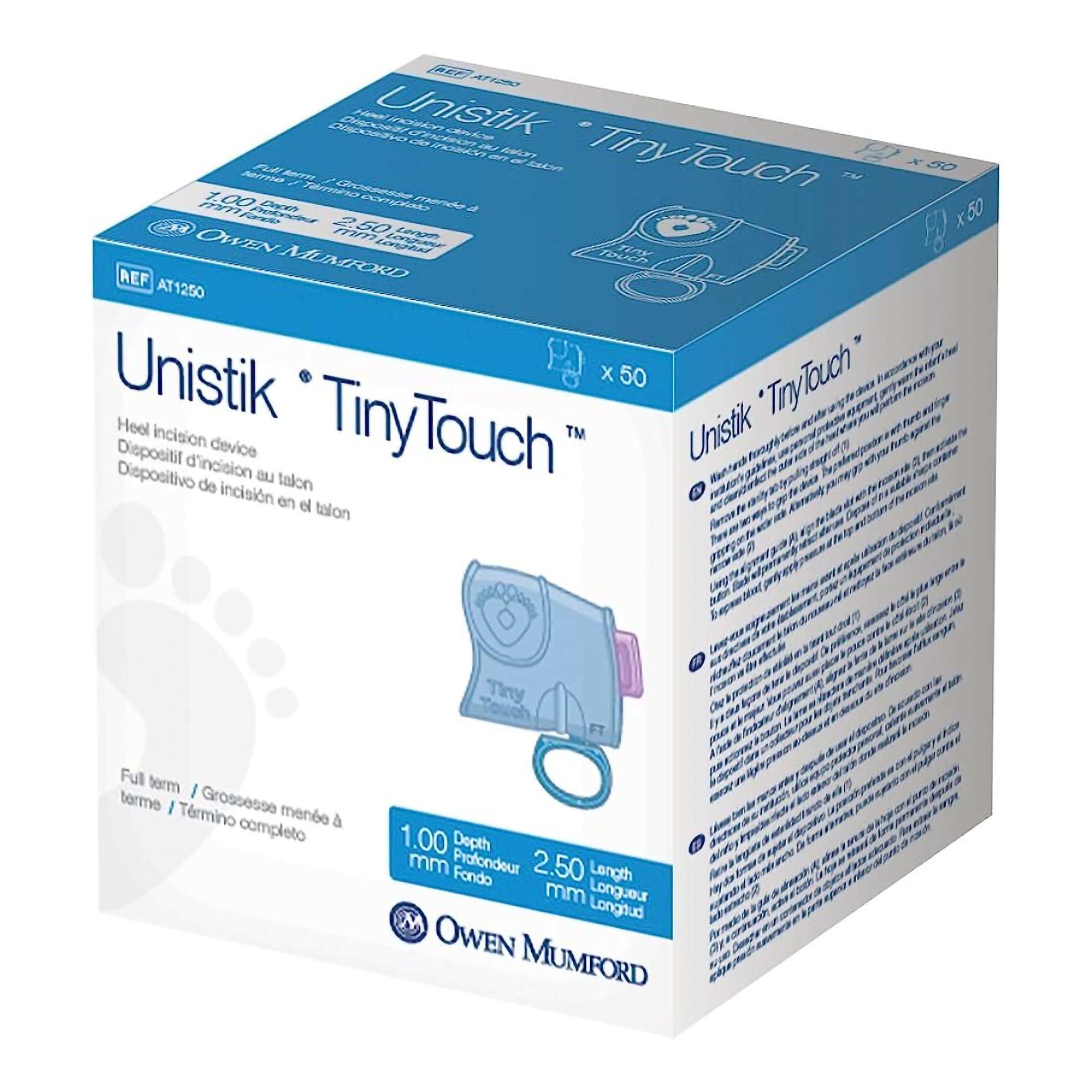 Lancet Unistik® TinyTouch™ Full term 1.0 mm x 2.5 mm Blade Retractable Push Button Activation Heel Incision Device by Owen-Mumford  ID AT1250